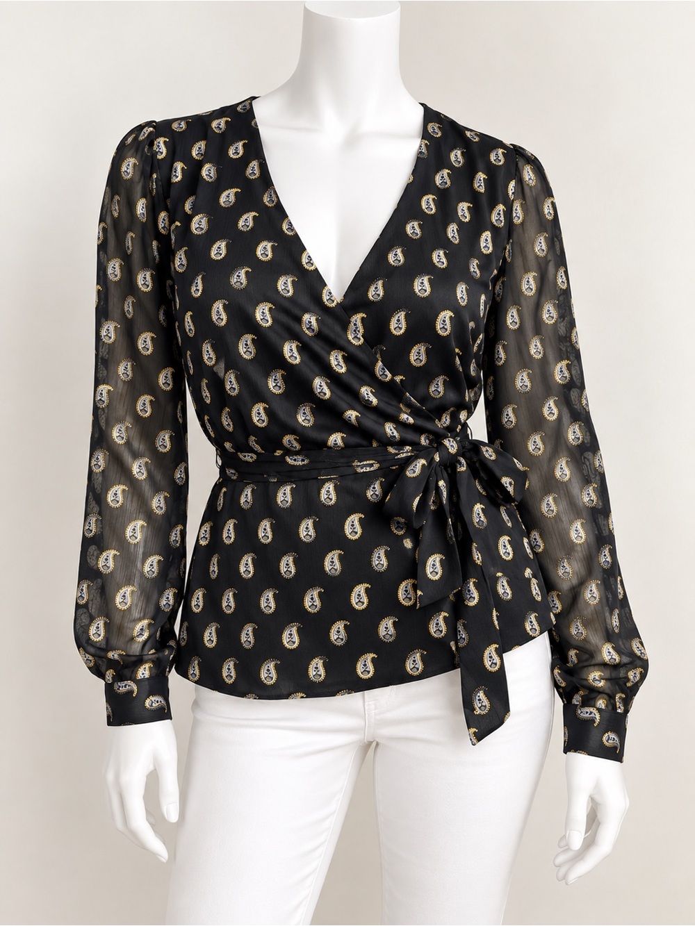 INC Women's Metallic Gold Black Sheer Long Sleeves Pierretta Wrap Blouse Size S